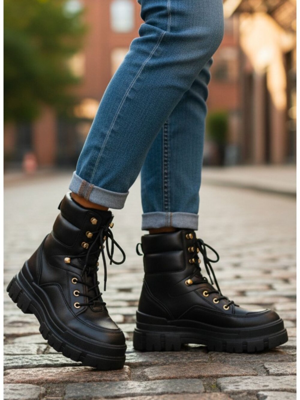 Chunky Black Combat Style Lace-Up Boots With Gold Eyelets For Women - Picture 6 of 9